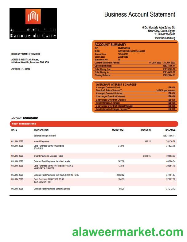 Banque du Caire company account statement Word and PDF template